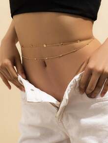 2pcs Sequin & Pearl Double-Layer Waist Chain, Fashionable Sexy Beach Holiday Party Body Chain, Suitable For Daily Wear & Gift - Golden Round Copper Beads - View 2