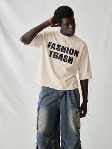 SWAVVY Men's Knit T-Shirt, Casual Style, Loose Fit, Short Sleeve, With English Letter Print, For Summer. - 卡其色 - 查看 1