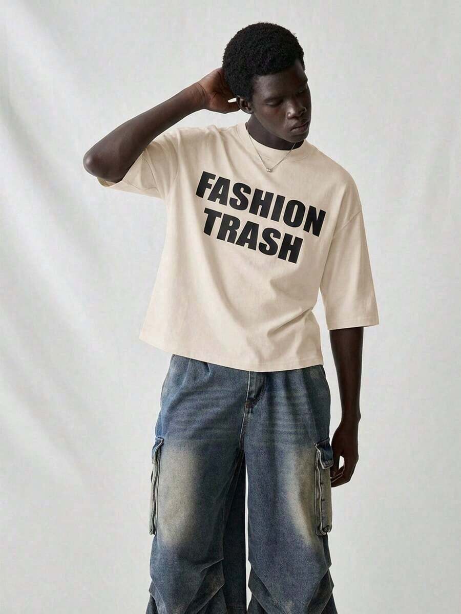 SWAVVY Men's Knit T-Shirt, Casual Style, Loose Fit, Short Sleeve, With English Letter Print, For Summer. - 卡其色 - 查看 1