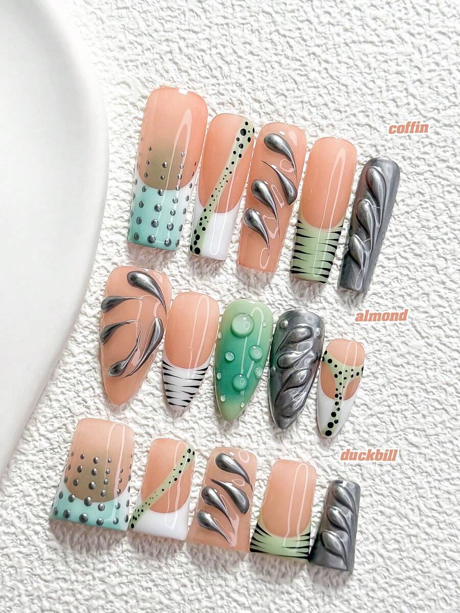 10Pcs Cool Style Handmade Nail Art Set,Unghie Press On,Water Droplets And Stripes Nail Art Decorations,Pink, Yellow And Black Nail Polish,Minimalist Style,Comes With Nail Tools(1 Sheets Jelly Stickers+1PC Nail File)3 Sizes Available,Almond Nails, Duck Nails,Coffin Nails,Duck Nails,Coffin Nails,Suitable For Reunion,Daily,Party,Photograph,Play,Spring Summer,Commute Supplies Nails - Nhiều màu - Xem 1