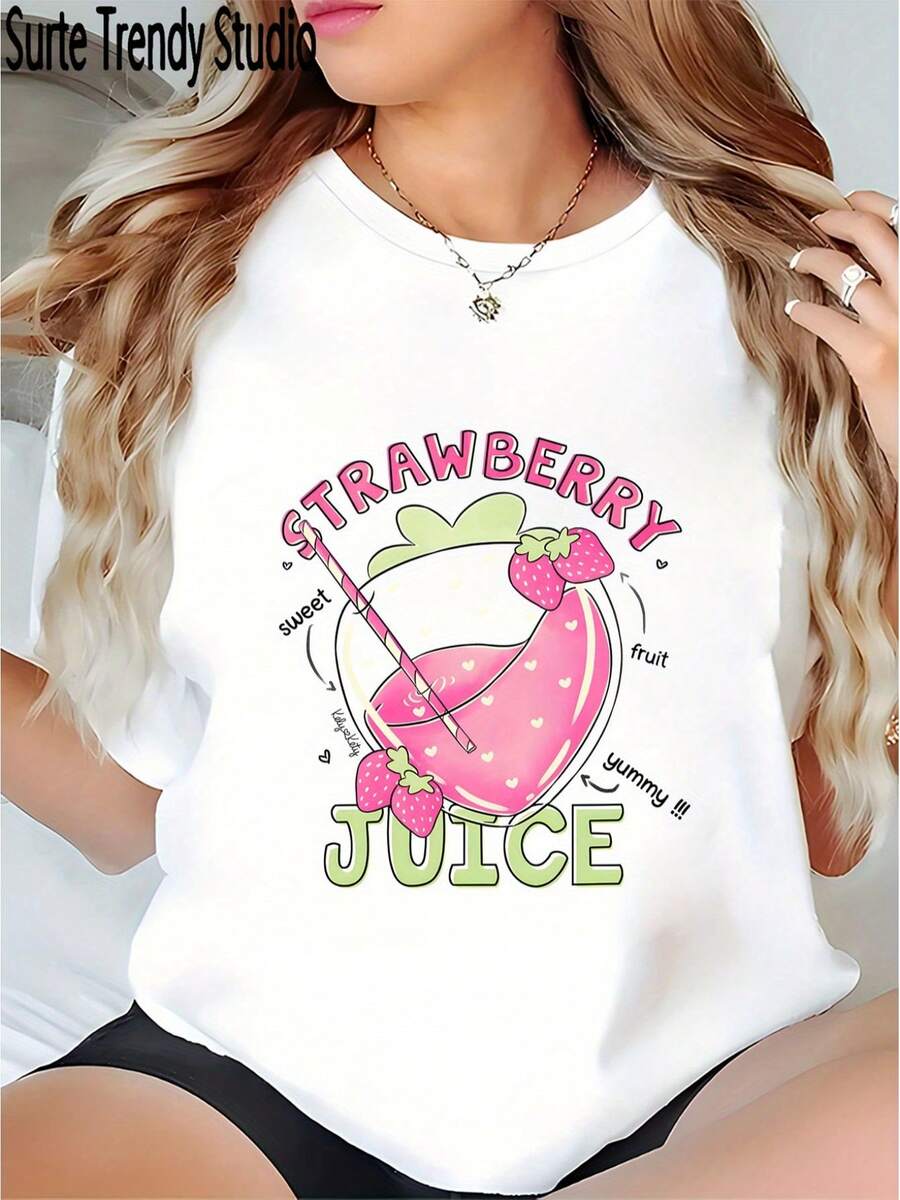 Camiseta de Mujer 2026 con Estampado de Jugo de Fresa 100% | Lindo estampado de rodajas de fresa y limón, combinado con la divertida inscripción "Strawberry Juice", camiseta casual de verano transpirable, de corte holgado y manga corta, adecuada para primavera/verano, lavable a máquina - Linda camiseta casual. - Blanco - Ver 1