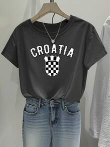 Nueva Colección Verano 2026, Camiseta con Estampado de Letras Creativas Croatas, Casual para Mujer, Vacaciones, Manga Corta, Cuello Redondo, Primavera/Verano, Lavable a Máquina, Ropa Nueva para Mujer, Versátil para Salir, Estilo Deportivo. XOA2 - Gris Oscuro - Ver 6