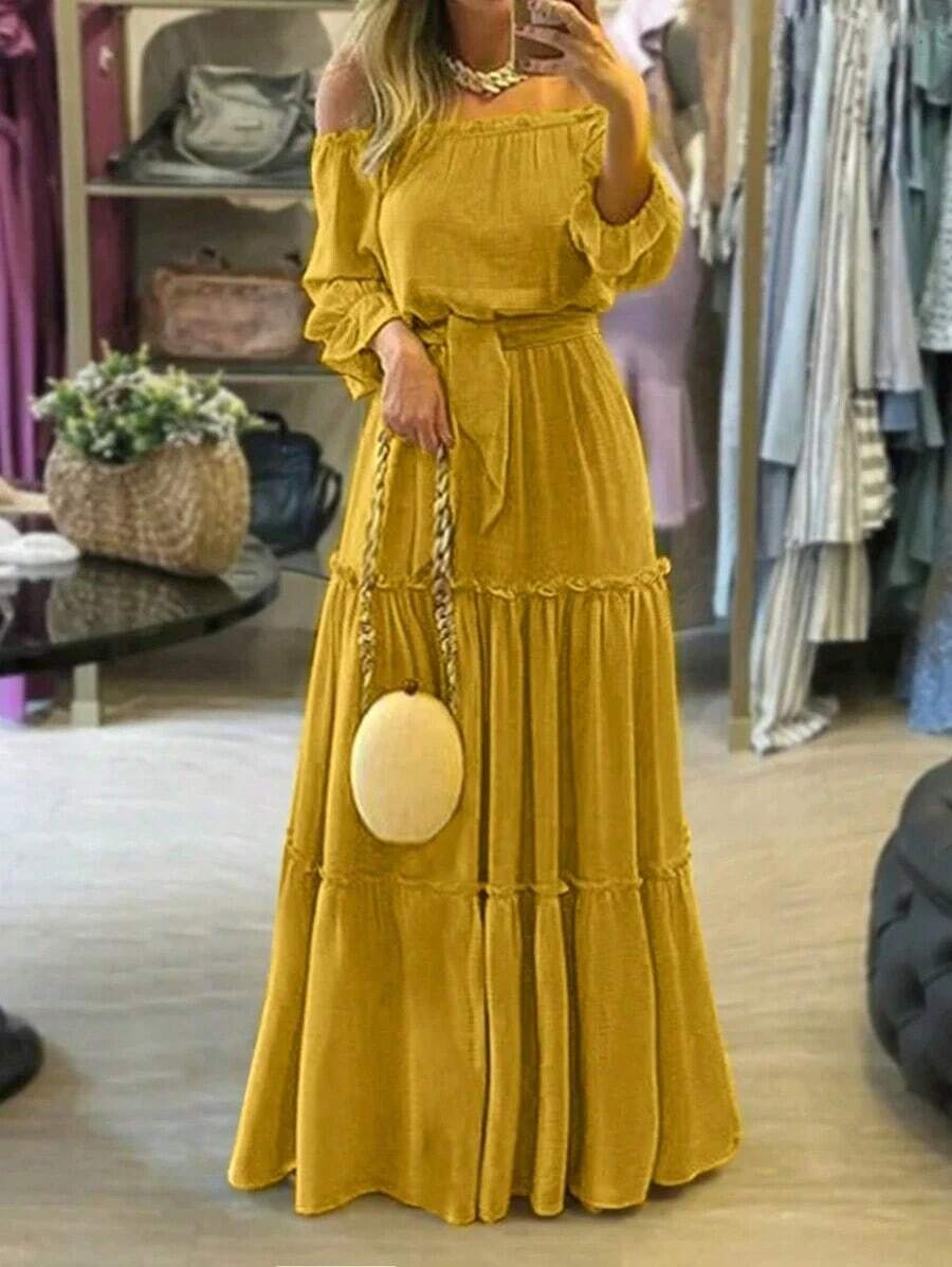 Vestido elegante de manga larga con hombros descubiertos, unicolor, con cinturón, ropa de verano y atuendos de vacaciones, estilo bohemio de primavera - Amarillo - Ver 1