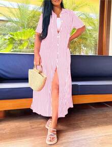 Women's Striped Maxi Dress With Front Buttons, V-Neck, And Side Slit - Loose-Fitting Casual Summer Shirt Dress In Pink, Blue, Black, And Pr - 酒紅色 - 查看 4
