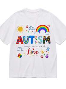 conjuntos de mujerFashion Cute  Accept Understand Love Women Cute Cartoon Print Tee Oversized Short Sleeve Crew Neck Fashion Unisex Relaxed Fit Vintage Style Print Round Neck Short Sleeve, Machine Washable Easter, Mother's Day Pure Cottoncoolplayeras de mujer - Blanco - Ver 3