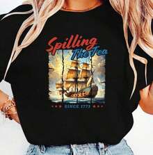 Spilling Tea Since 1773 Camisetas de Mujer con Estampado de Barco, Camisetas Gráficas Divertidas, Tops Casuales - Estilo Urbano Vintage, Unisex, de Algodón, Manga Corta, Cuello Redondo - Negro - Ver 7