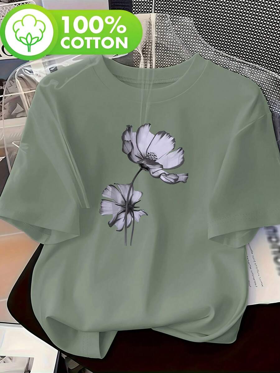 Talla Grande - Talla Grande - Blusa Casual de Manga Corta con Cuello Redondo y Estampado de Flores en Blanco y Negro para Mujer de Talla Grande - Verde claro - Ver 1