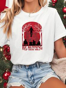 | Exquisite Design | Loose And Comfortable | Easy To Match | Women's Short-Sleeved Crew Neck T-Shirt With "Running To The Mountain Top" Print - White, Lightweight, Casual, For Spring/Summer, Ideal For Holiday Parties - Fan Apparel - Festive And Whimsical Design With Iconic Quote - Machine Washable, Comfortable For Casual Wear And Parties - White Top. - 白色 - 查看 1