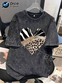 1 camiseta con estampado de cebra, leopardo y corazón con brillo, camiseta de moda de algodón lavado de alta calidad de la marca Orca, camiseta unisex, un artículo popular para uso diario, perfecta para regalar a familiares y amigos en Pascua, Día de la Madre, Día de la Independencia y otras festividades. 180g 100% Algodón - Negro - Ver 1