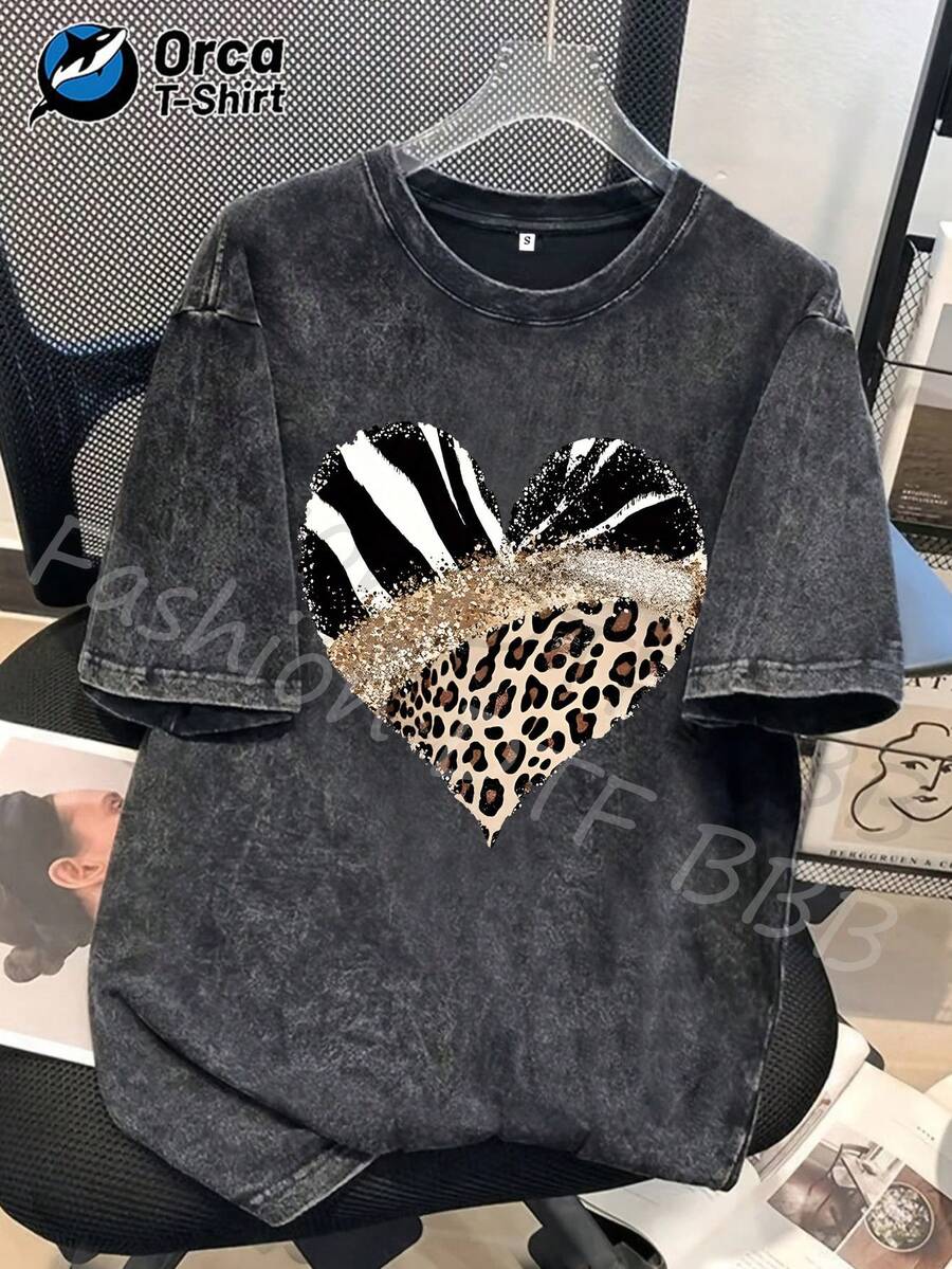 1 camiseta con estampado de cebra, leopardo y corazón con brillo, camiseta de moda de algodón lavado de alta calidad de la marca Orca, camiseta unisex, un artículo popular para uso diario, perfecta para regalar a familiares y amigos en Pascua, Día de la Madre, Día de la Independencia y otras festividades. 180g 100% Algodón - Negro - Ver 1