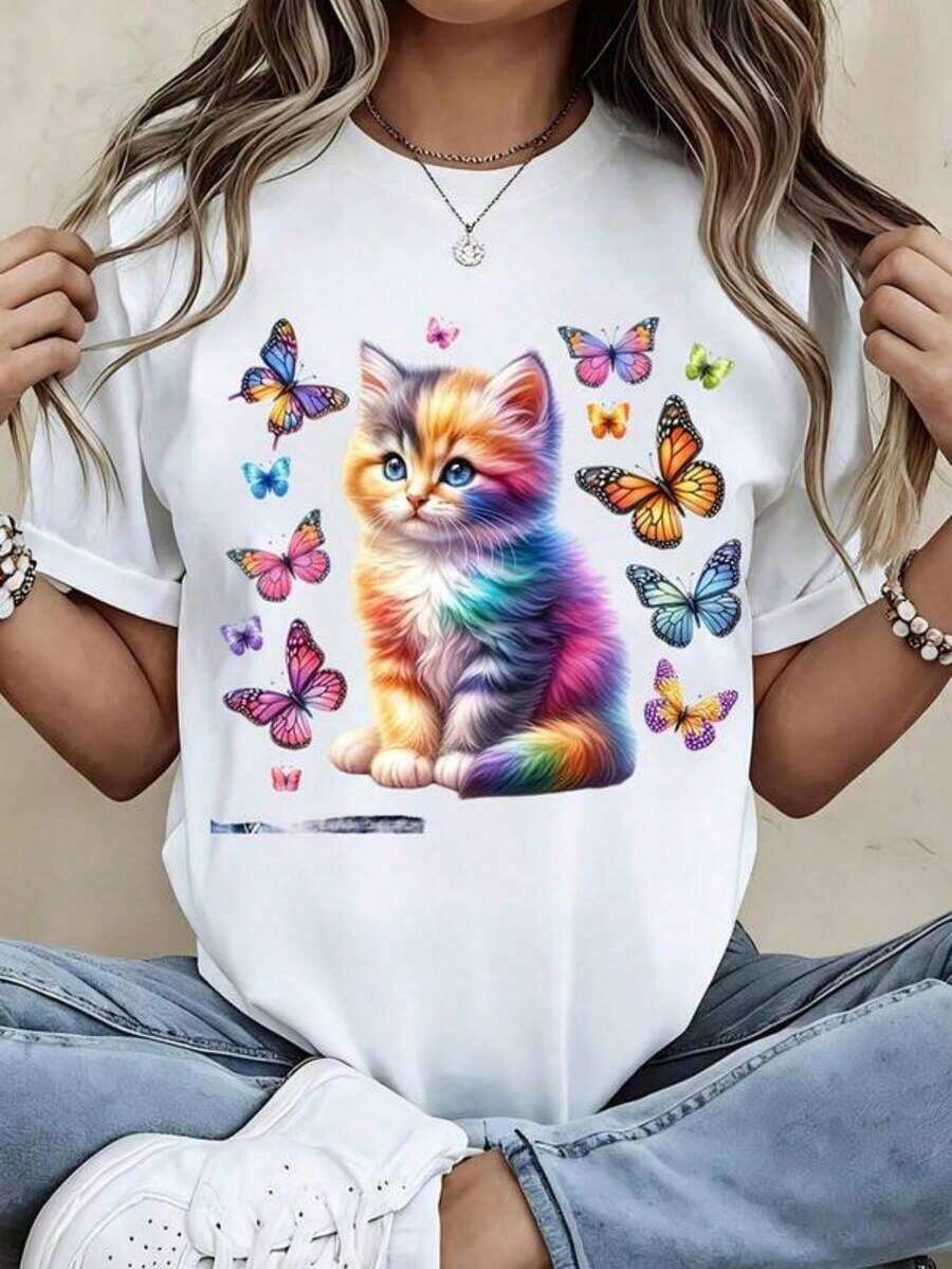 Camisetas Casuales para Mujer, Camiseta de Cuello Redondo con Estampado Colorido de Gato Arcoíris y Mariposas, Manga Corta, Top Casual de Verano para Uso Diario, Camiseta para Mujer, Estilo Y2K, Camisetas de Moda de Verano, Conjuntos y Tops Casuales de Streetwear. - Blanco - Ver 1