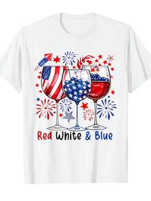 Patriotic 4th Of July T-Shirt For Men And Women | Casual Short-Sleeved Crew Neck T-Shirt, Breathable, Unisex, Soft, Quick-Drying, Lightweight And Cool, With Red, White And Blue Alcohol Rocket Firework Design. - 白色 - 查看 1