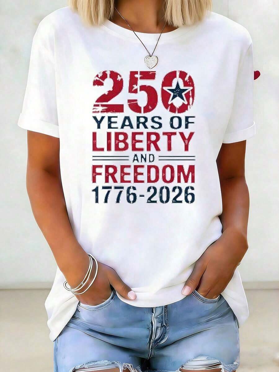 Women's Plus Size Independence Day T-Shirt, 250 Years Of Freedom And Experience, 1776-2026, With A Cute Print, Casual And Versatile Style For Everyday Wear, Festive Women's T-Shirt, Perfect For Celebrations, Parties And Patriotic Events, Essential Gift. - 白色 - 查看 1