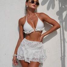 Bikini Sexy de 3 Piezas para Mujer con Falda Transparente de Malla, Color Sólido – Estilo Playa 2026 - 9384 Juego de tres piezas negro - Ver 2