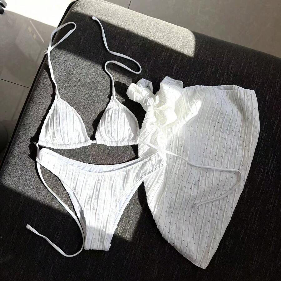 Novedad Conjunto de baño de 3 piezas - Bikini sin espalda con cordones ajustables - blanco puro - Ver 1
