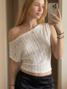 Women Sheer Off Shoulder Tops Slim Fit Flower Pattern Sleeveless Crop Shirts For Summer Going Out Party Club - White - View 6