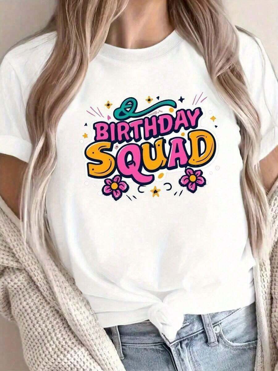 Camiseta holgada y versátil con estampado de fiesta de cumpleaños, camiseta casual de manga corta y cuello redondo para primavera y verano, nueva llegada para mujer. Camiseta casual de manga corta y cuello redondo para mujer, top de verano para mujer. Camiseta básica de algodón con cuello redondo para mujer. - Blanco - Ver 1