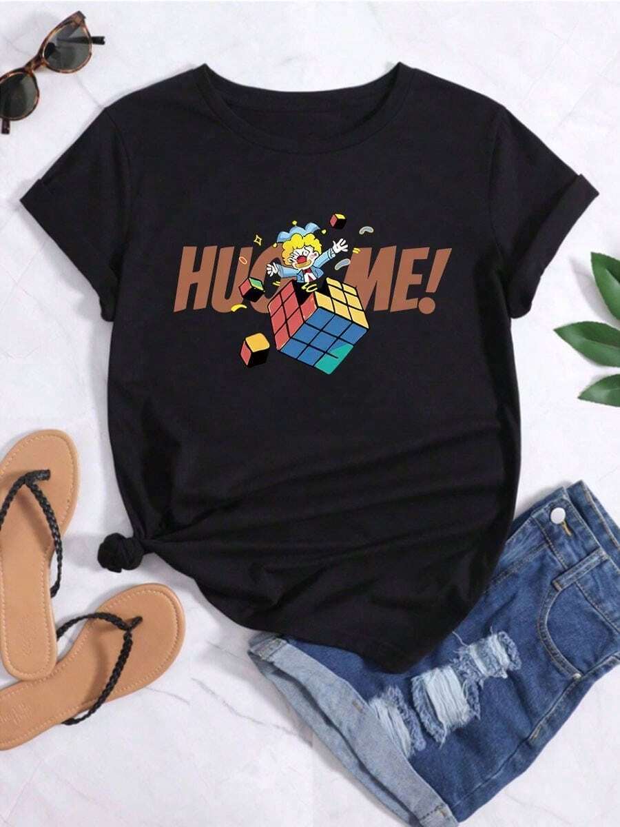 Camisetas de Mujer,Payaso femenino Rubik 's Cube estampado camiseta de manga corta casual relajada - Negro - Ver 1