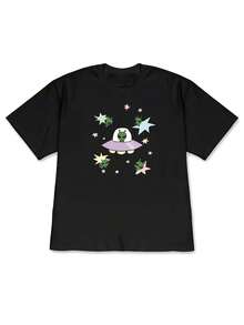 Camiseta de manga corta con hombros caídos, para mujer, nueva colección de primavera, camiseta holgada con estampado de OVNI alienígena, perfecta para conjuntos divertidos de primavera y verano - alta calidad para el verano. - Negro - Ver 1