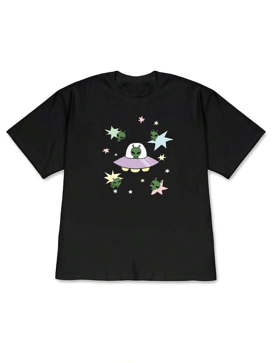 Camiseta de manga corta con hombros caídos, para mujer, nueva colección de primavera, camiseta holgada con estampado de OVNI alienígena, perfecta para conjuntos divertidos de primavera y verano - alta calidad para el verano. - Negro - Ver 1
