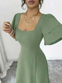 YHHRafferiza Vestido de mujer con cuello cuadrado francés, con volantes en capas adelgazantes, manga corta. Vestido vintage con diseño de botones y bajo asimétrico, elegante para ir al trabajo, citas, vacaciones y salidas.YHH - Verde militar - Ver 5