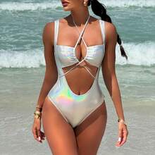 Bañador Sexy para Mujer de Una Pieza, Diseño Cut-Out con Cordones y Efecto Holográfico Brillante - blanco plateado - Ver 2