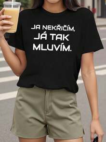 Camiseta para mujer con estampado "Czech I Just Talk Like This", de manga corta y cuello redondo, casual para primavera-verano, ocio diario, regalo de festividades - Negro - Ver 6