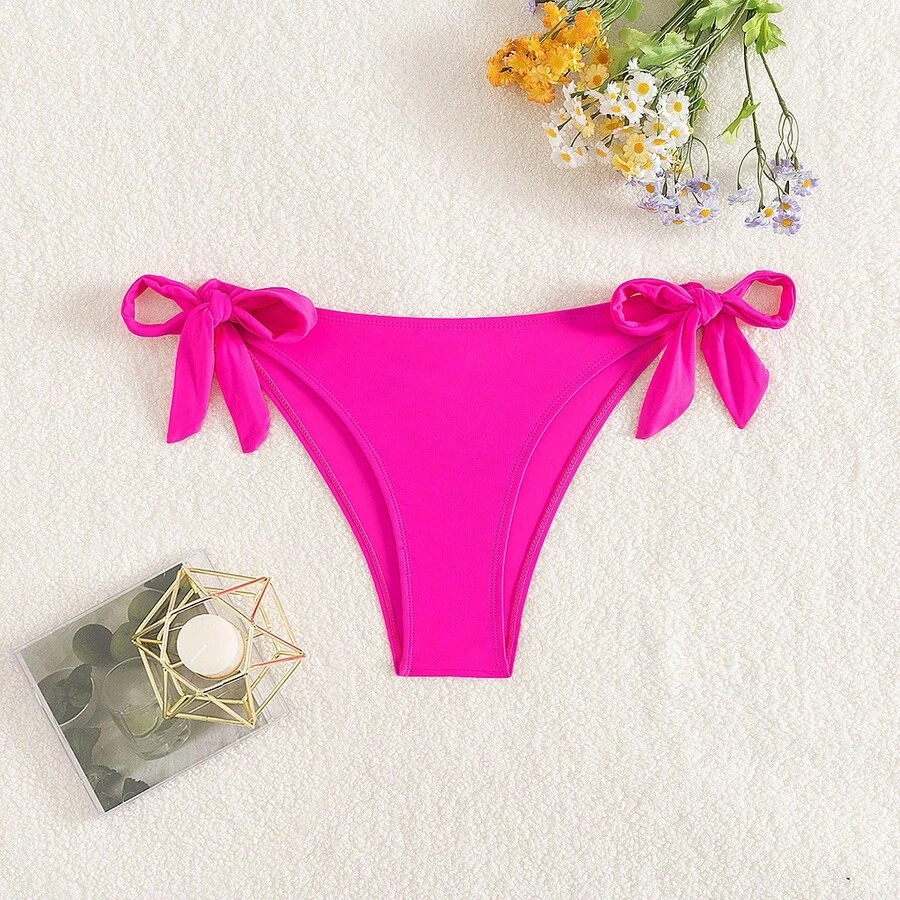 Black Basic Side Tie Bikini Bottom, Suitable For Graduation, Independence Day, Valentine's Day, Music Festivals, Fashion Vacation Beach Summer - Hot Pink - View 1