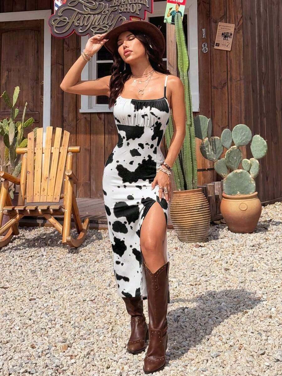 Vestido dividido de tirantes de vaca de estampado nuevo para mujeres en el festival de música de verano - Blanco y Negro - Ver 1