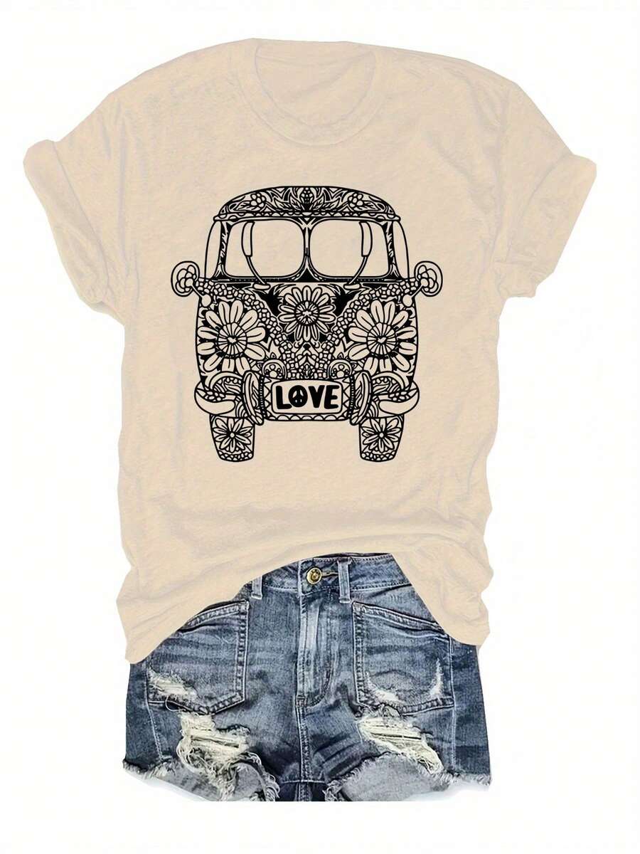 Niche Style Printed T-Shirt, Short Sleeve And Plus Size, Versatile Top For Summer Street, Casual Round Neck Top, Loose And Extra Large Fit, For Summer And Spring, Plus Size Women's Clothing. - 杏色 - 查看 1