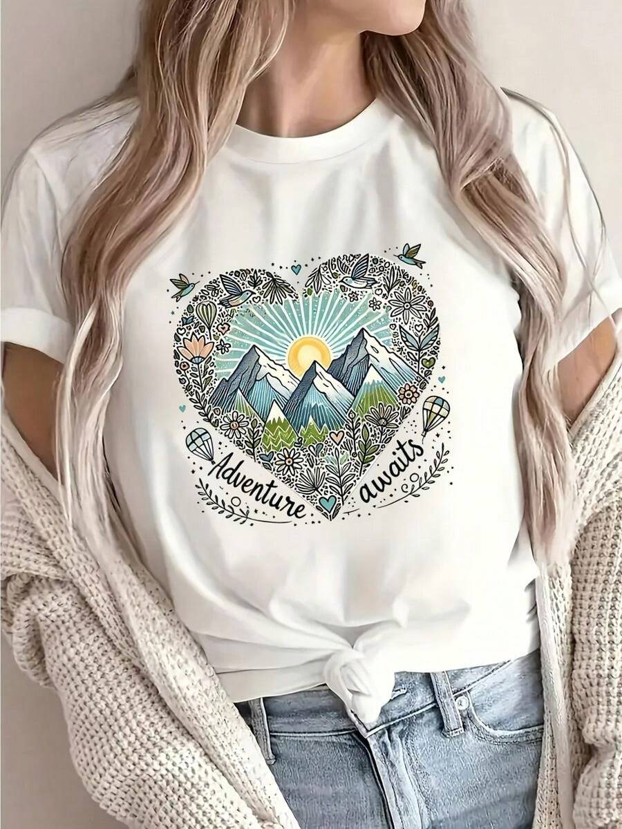 1 pieza, camiseta de manga corta de algodón puro clásica y versátil, adecuada para usar en cualquier estación, dise?o neutro de exploración para mujer con motivo de salida del sol en la cima de la monta?a, estilo moderno - Blanco - Ver 1
