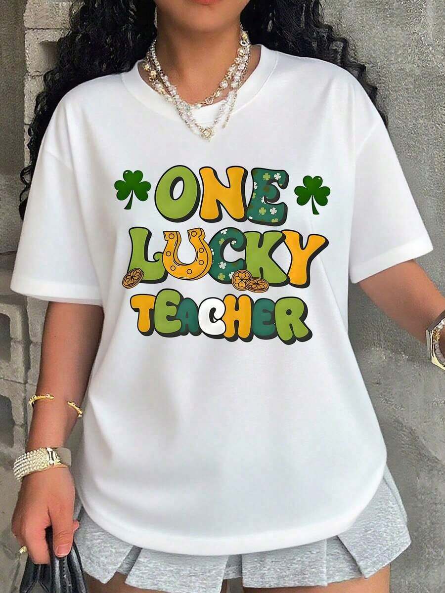 Camiseta TideOne Lucky Teacher para el Día de San Patricio para Maestras, Regalo Festivo, Linda Camiseta con Diseño Irlandés de Trébol y Herradura, Camiseta de Moda para Mujer - Blanco - Ver 1
