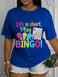 La vida es corta, ¡así que por qué no jugar al Bingo! Camisetas casuales estampadas de primavera y verano, lavables a máquina, camisetas básicas elegantes, una excelente opción para vacaciones y festivales, modernas y versátiles, de tela cómoda, ropa de temporada, camisetas duraderas. Camisetas de verano frescas para mujer. - Azul - Ver 6