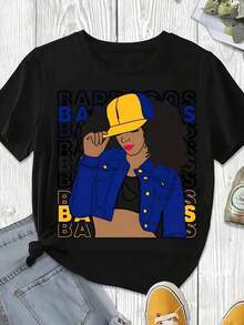 Elegante y casual para mujer, manga corta, camiseta de mujer con estampado gráfico Boss, ropa casual blanca para verano. - Negro - Ver 3