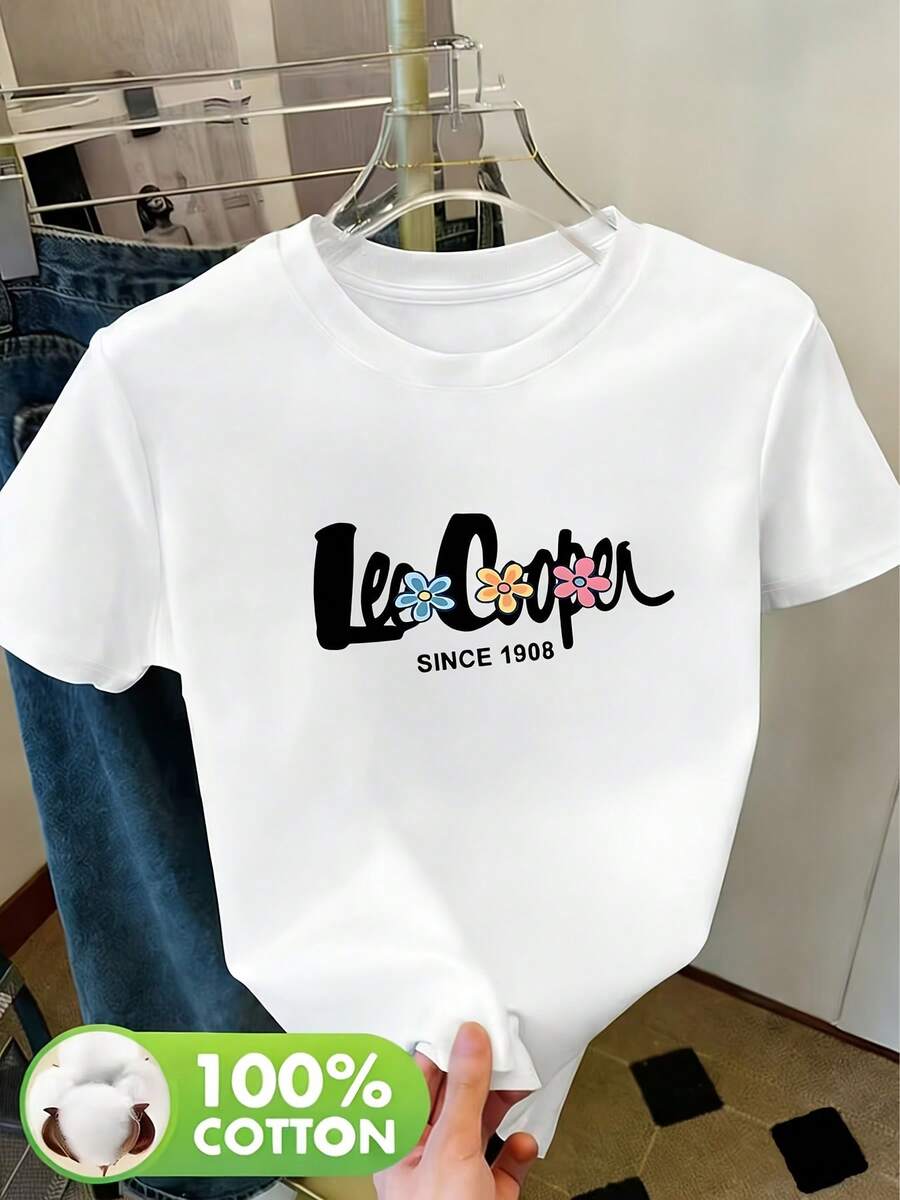 Women's 100% Cotton T-Shirt, Round Neck, Casual Summer Style, Letter And Animal Print, Breathable, For Spring/Summer/Autumn, Machine Washable, Suitable For Casual Sportswear, Short Sleeve T-Shirt For Women, Round Neck Top For Women, Women's Night Out T-Shirts - 白色 - 查看 1