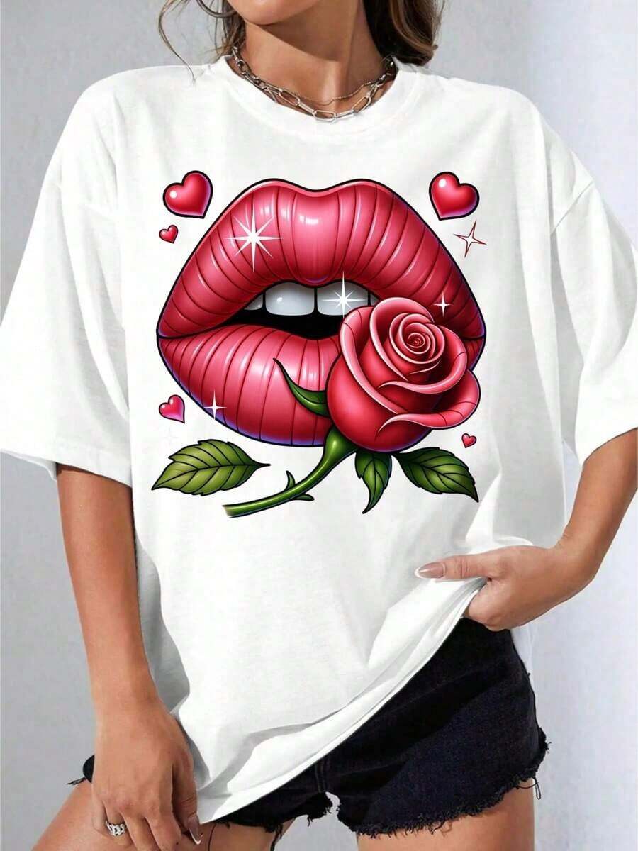 Girls' Black And White T-Shirt, White T-Shirt With Red And Pink Lips Print For Casual Wear, Outdoor Parties, 180g Casual Printed T-Shirt - 白色 - 查看 1