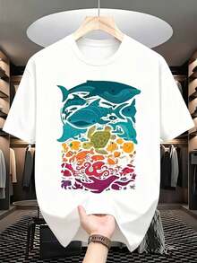 Camiseta de ajuste holgado con estampado gráfico de criaturas marinas, es una camiseta perfecta para regalar a amigos y familiares en cualquier fiesta u ocasión festiva, 220g - Blanco - Ver 2