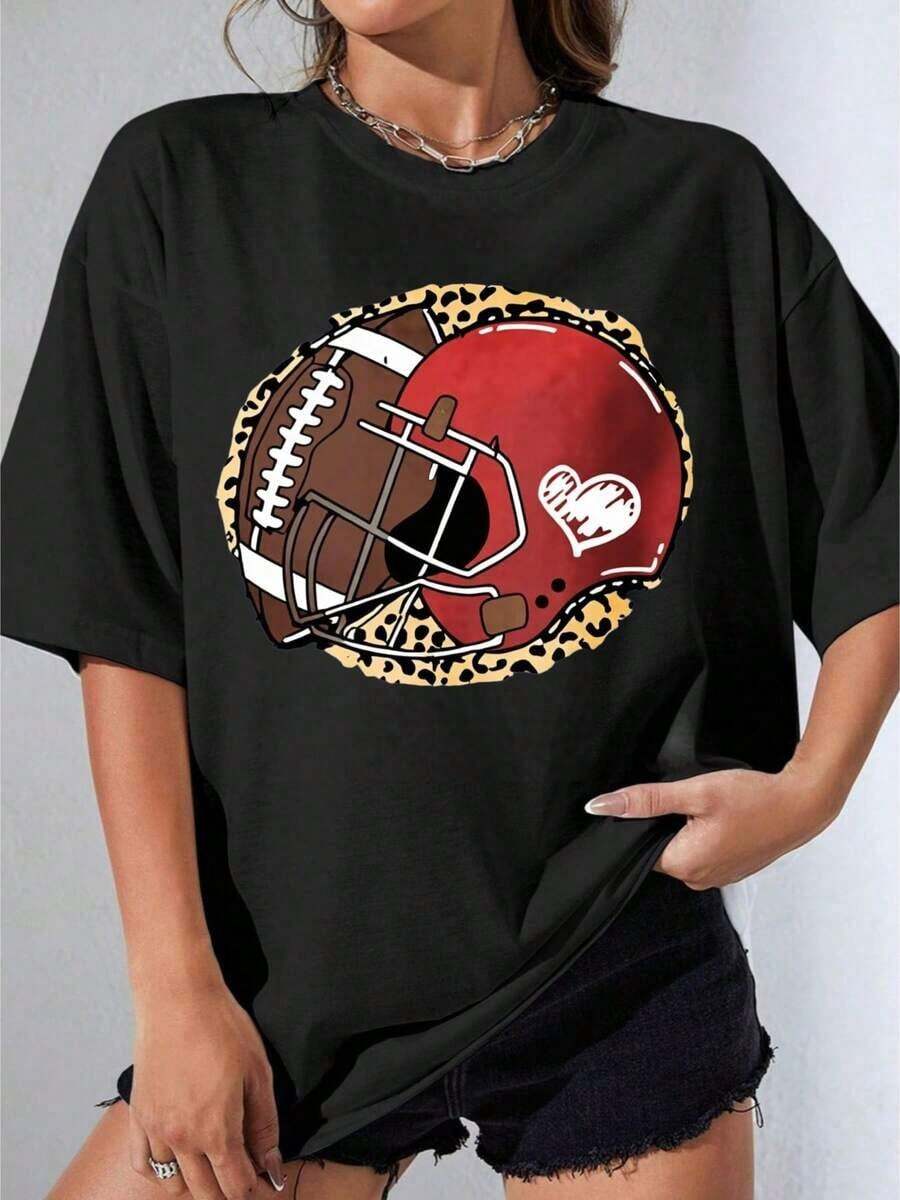 Camisetas de Mujer, Manga Corta Casual para Fiesta, Camiseta Oversize OneWhite con Estampado de Fútbol Americano y Casco para Uso Casual 180g - Negro - Ver 1