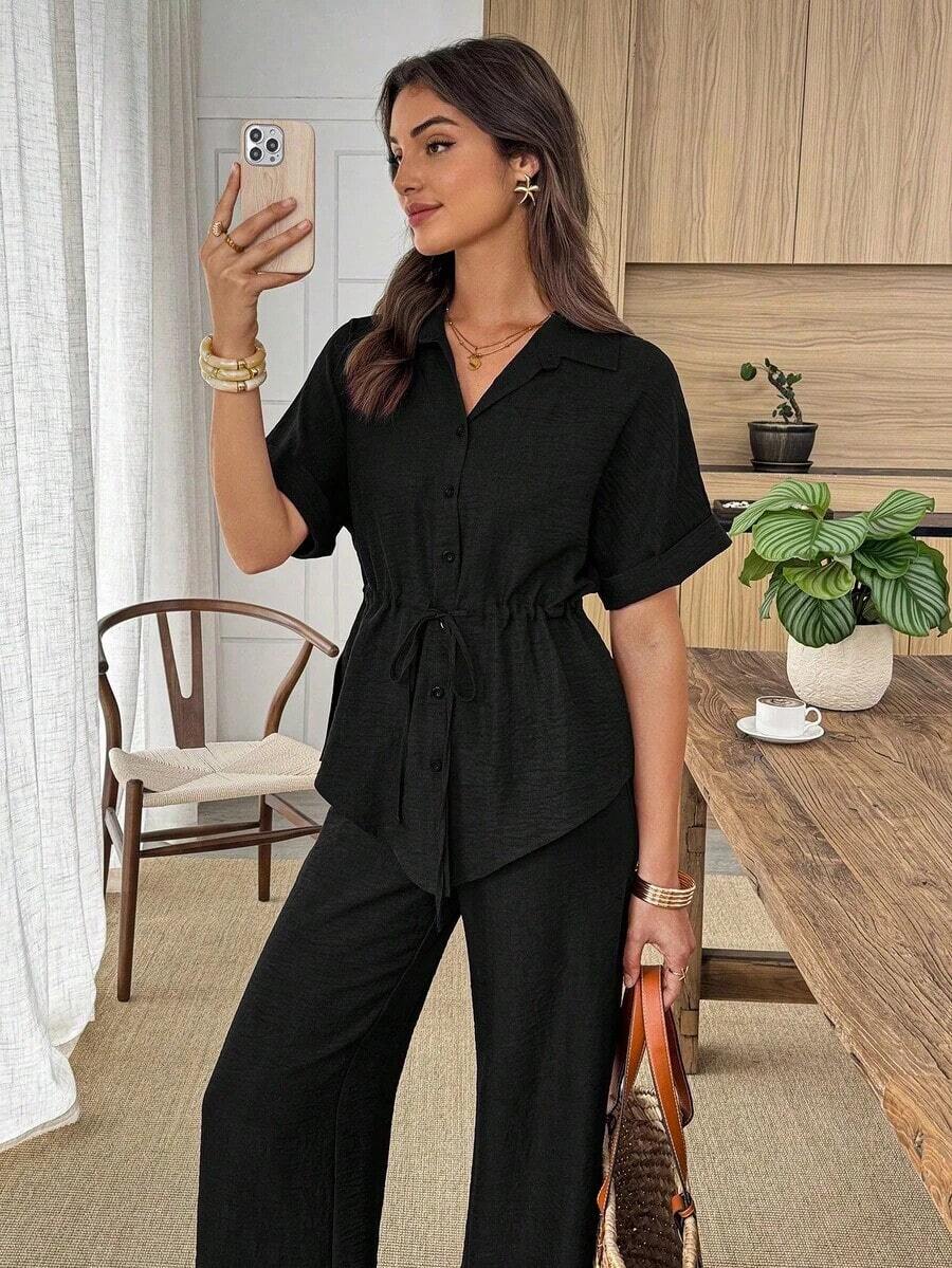 Conjunto de 2 piezas de camisa y pantalones de unicolor con cordón en la cintura, estilo casual de verano - Negro - Ver 1