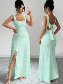 Nuevo vestido de punto texturizado sin mangas con cuello cuadrado, diseño de lazo en la espalda abierta, elegante vestido ajustado para fiesta - verde menta - Ver 3