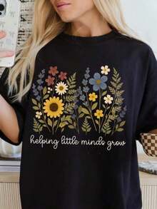 Camiseta de Maestro, Camiseta que Ayuda a las Pequeñas Mentes a Crecer, Camiseta Floral de Maestro, Camiseta Linda para Regalos de Maestros, Camiseta de Flores para Maestros - Negro - Ver 5