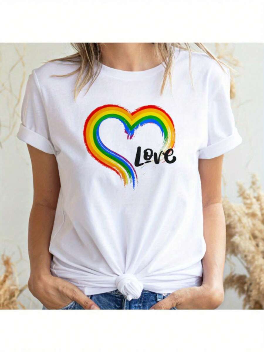 Camiseta de Mujer Oversize Extra Grande "Rainbow And Love" con Estampado Romántico y Personalidad, Cultura Arcoíris, Cuello Redondo, Manga Corta Holgada, Tela Suave y Cómoda, para el Hogar, Ocio, Viajes Diarios, Novedad de Verano, Camisetas para Salir para Mujer - Blanco - Ver 1