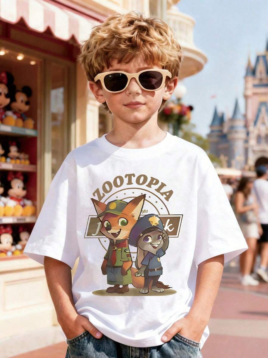 Disney's Zootopia Cartoon Featuring Nick Fox, Nick, And Judy Prints On Both The Front And Back, A Casual Cotton Short Sleeved Top, A Special T-Shirt For Boys And Girls' Birthday Parties/Photos, A Soft Cotton Children's Summer Casual Top, Disney's Official Star Treasure, A Cotton Summer Short Sleeved Shirt For Boys And Girls, Suitable For Daily Wear, Vacations, Outdoor Activities, And Can Also Be Used As A Children's Gift. - trắng - Xem 1