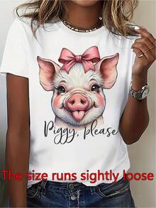 Camiseta estampada de alta gama para mujer, camiseta casual de manga corta y cuello redondo para damas |   Lindo cerdito con lazo rosa y estampado "Piggy Please", camiseta transpirable de corte regular, adecuada para primavera, otoño y verano, lavable a máquina, ideal para uso diario y como regalo, de temporada. - Blanco - Ver 7