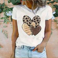 Women's Leopard Heart Print T-Shirt, Short Sleeve Round Neck Leopard Heart Print T-Shirt, Casual And Sporty Style T-Shirt, Perfect Women's Clothing For Spring/Summer, Women's Fashion. - 白色 - 查看 6