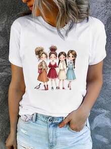 Camiseta holgada de verano para mujer, de manga corta y estampada, moderna y casual, lavable a máquina, ajuste cómodo, estampado plano 2D, camiseta básica de algodón con cuello redondo para mujer. - Blanco_05 - Ver 12