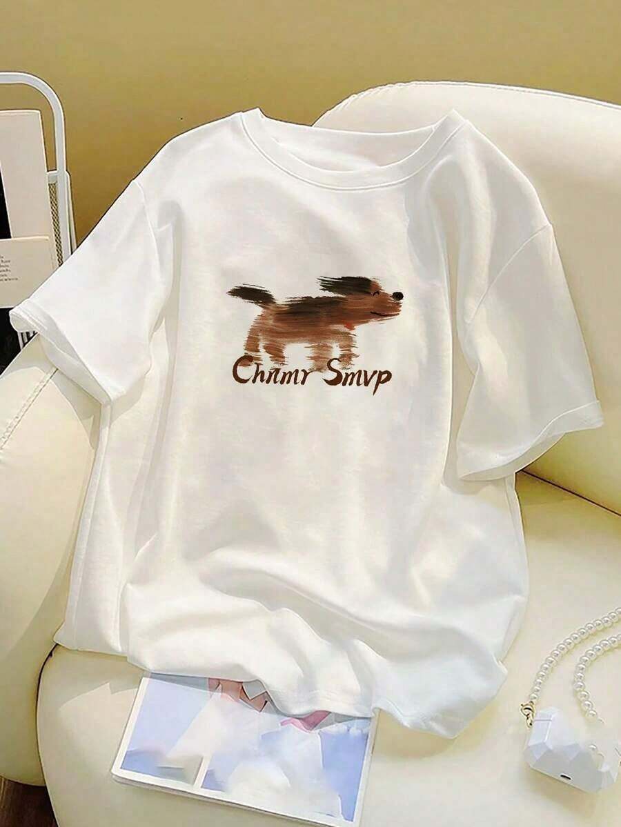 Camiseta Casual Blanca de Manga Corta con Cuello Redondo para Mujer, con Estampado de Perro de Dibujos Animados, Elegante Top de Punto de Corte Regular para Uso Diario, Camiseta Fresca de Verano, Estilo Unisex. - Blanco - Ver 1