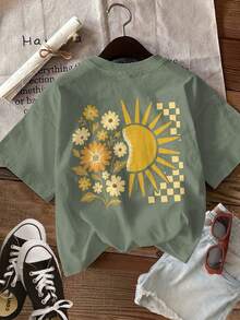 Camiseta de edición limitada con estampado gráfico, manga corta, cuello redondo, top casual para verano y primavera, ropa de mujer, algodón ligero. - Verde - Ver 2