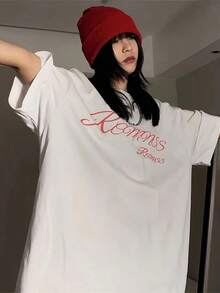 Spring/Summer Fashion: A Short-Sleeved, Crew-Neck T-Shirt, 100% Loose And Casual, With A Letter Print, Made From Slightly Stretchy, Heavyweight 180g Cotton Knit, Suitable For Women, Ideal For Spring And Summer Wear. Relaxed And Friendly Style, Vintage Y2K, Casual For Vacations, Cool Summer T-Shirt For The Weekend, Unisex Style. - 白色 - 查看 5