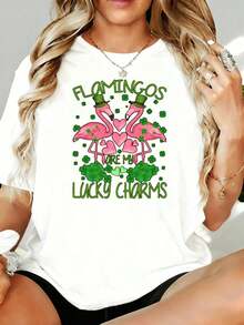 Women's T-Shirt With Fun Flamingo Graphics And Lucky Charms For St. Patrick's Day, Irish Party Top, 180g, For Home And Outdoor Leisure, Valentine's Day Gift - 白色 - 查看 7